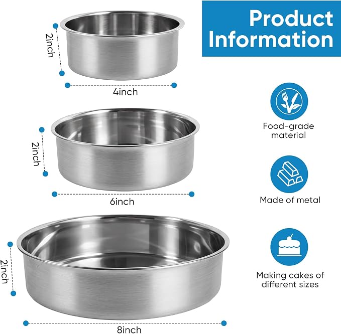 4 6 8 Inch 3-Piece Round Cake Pan Set with 150 Parchment Paper Liners, Stainless Steel Baking Pans with Handles, Includes Silicone Brush & Spatula, Layer Cake Baking Set for Cheesecake, Birthday Cake - Image 6