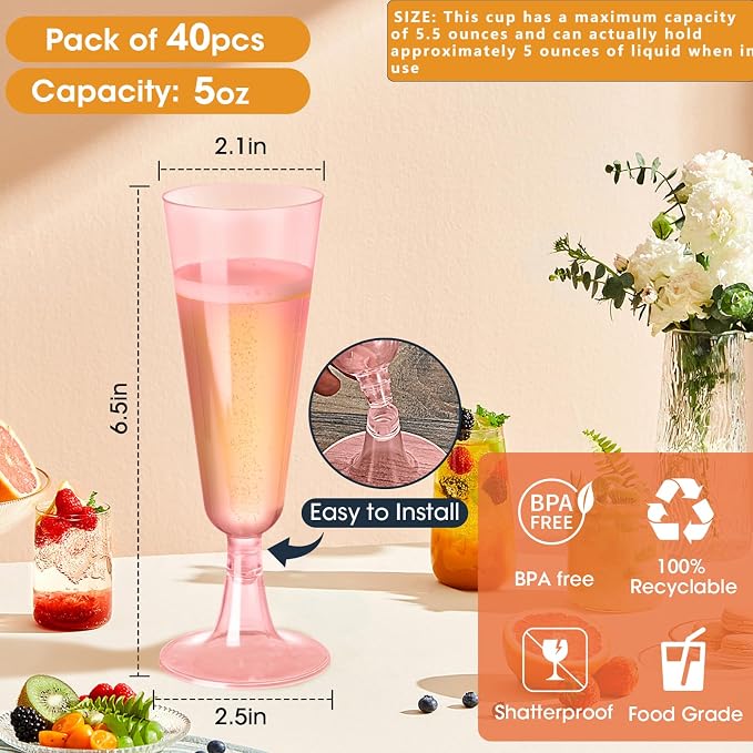 SUREHOME Pink Champagne Flutes Plastic Champagne Glasses Disposable Mimosa Glasses 40 Pack 5 Oz Acrylic Stemware Cocktail Cups Bulk for Valentines Wedding Toasting Engagement Party Supplies - Image 6