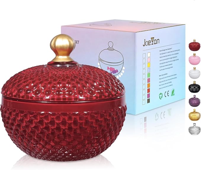 Joeyan 12 oz Small Red Glass Jewelry Box Jars with Lid,Embossed Glass Candy Dishes,Diamond Faceted Food Container,Decorative Apothecary Canisters,Colored Kitchen Bathroom Buffet Storage Organizer by JoeyanHousehold