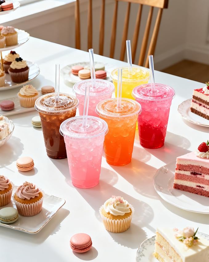 Goodluck 100 Pack 24oz Plastic Cups with Lids and Straws, Clear Disposable Iced Coffee Cups, Food Safe Cold Drink Cups for Bubble Tea, Smoothies & Shakes, BPA Free