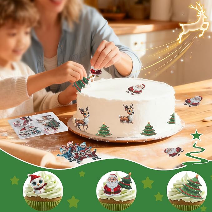 46 PCS Edible Christmas Cake Decorations, Wafer Paper Santa, flowers, bees, maple leaves suitable for Christmas cupcake decoration mix - Image 7