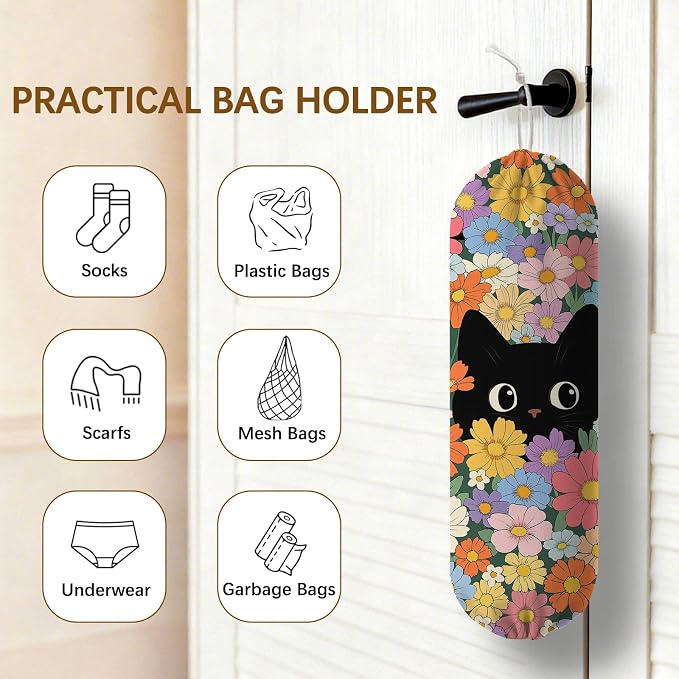 Floral Cat Plastic Bag Holder Dispenser, Plastic Grocery Bag Organizer & Wall Mount Paper Trash Bags Saver Storage for Kitchen Home Pantry Decor, Cat Kitchen Decor Shopping Bags Storage Dispenser - Image 4