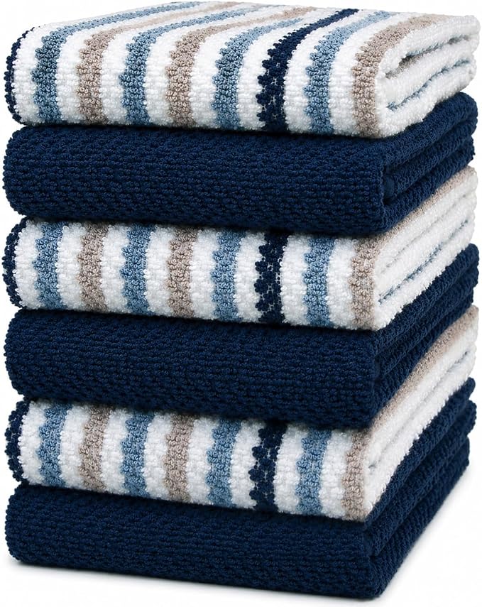 Bumble Kitchen Towels 6 Pack 100% Cotton 16"x26" - Blue Wide Stripe | 430 GSM Soft Kitchen Hand Towels with Hanging Loop, Highly Absorbent & Durable for Washing and Drying Dishes by BumbleTowels