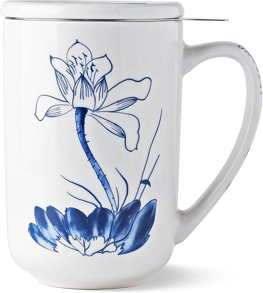 AmorArc Porcelain Tea Mug with Infuser and Lids, 18 Oz Large Cup Strainer with Bag Holder for Loose Leaf Tea, Steeping Coffee Mug for House-warming Wedding Birthday Gift