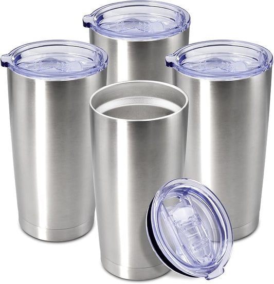 20oz Tumbler Insulated Coffee Tumblers with Lid Stainless Steel SS 4P | 20 oz Tumblers Double Wall Insulated Vacuum 20oz Coffee Mug Leak Proof Tumblers with Lid Powder Coated - SS 4 Pack by AEPDTD