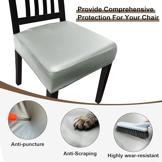 Waterproof Pu Leather Seat Covers for Dining Room Chairs Set of 4,Soft Chairs Seat Slipcovers,Dining Chair Cover Removable Washable Chair Protector Cover Stretch Kitchen Chair Covers - Image 3