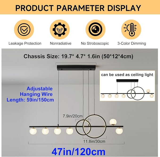 ORANOOR Modern Black Gold Chandeliers, 47inch Dimmable LED Pendant Light | Linear LED Chandelier for Dining Room Kitchen Island, Upgraded 6 Globe Hanging Pendant Chandeliers Lighting (2 Rings, 4200lm) - Image 5