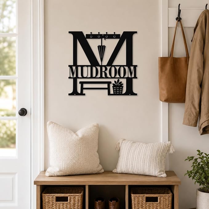 Mudroom Metal Wall Decor, Farmhouse Entryway Sign, 14 Inch | 14-inch matte black metal mudroom sign with pre-drilled holes for farmhouse entryway, hallway, or utility room decor. - Image 3