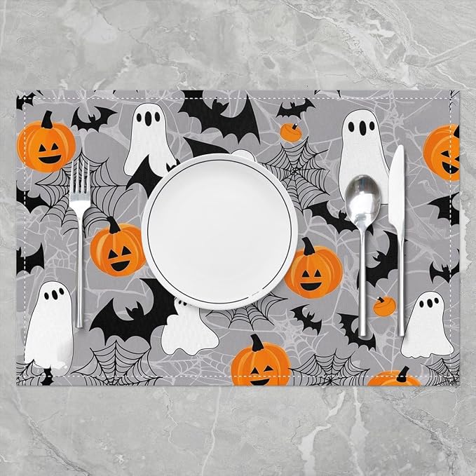 Feelyou Happy Halloween Placemats Set of 4 Cute Ghost Table Mats Gray Black Orange Place Mat for Kitchen Dining Table Party Decor Indoor Outdoor 18"x12" Non-Slip Easy to Clean Pumpkin Lantern Bats - Image 2