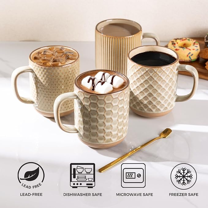 GBhome 12oz Coffee Mugs Set of 4, Handmade Stoneware Coffee Mugs Set with Large Handle for Cappuccino/Latte/Tea/Hot Cocoa, Dishwasher & Microwave Safe-Pale khaki - Image 4
