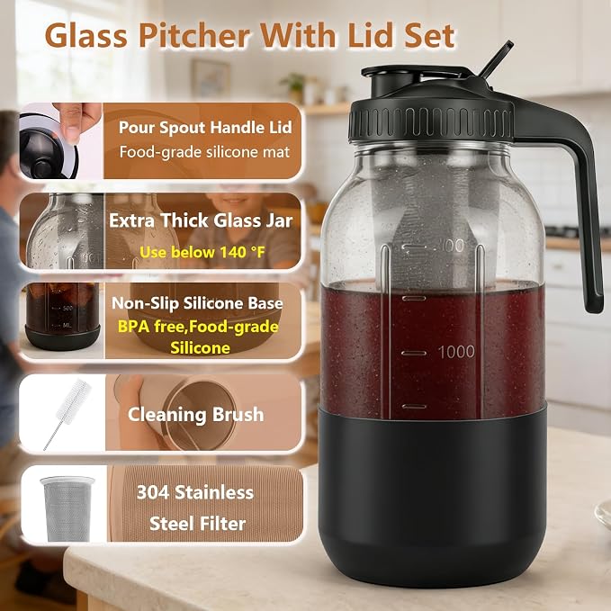 Cold Brew Coffee Maker, 64oz Mason Jar Pitcher with Stainless Steel Filter, Leak-Proof Lid with Pour Spout & Handle, Heavy Duty Glass Iced Coffee Tea Brewer with Protective Silicone Sleeve-Black - Image 3