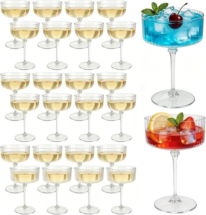 PLULON 24 Pcs Clear Martini Glasses Set 10 Oz Plastic Ribbed Coupe Glass, Cocktail Glasses Champagne Cup Tower Vintage Margarita Glassware for Cocktail Wine Bar Drinking Wedding Party Outdoor Events by PLULON