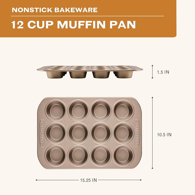 Farberware Bakeware Warp Resistant, Dishwasher Safe, 12-Cup Muffin Pan - Mocha - Image 2