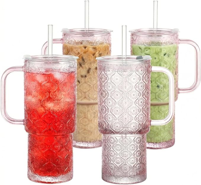 20 oz Pink Glass Tumbler with Lid and Straw, Glass Iced Coffee Cups, Spill-proof Glasses Tumbler with Handle, Hobnail Glasses Drinking Set of 4, Vintage Glassware for Cocktail, Smoothies by Unknown
