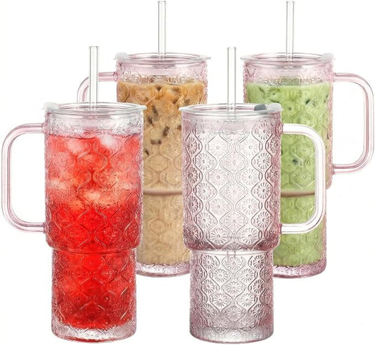 20 oz Pink Glass Tumbler with Lid and Straw, Glass Iced Coffee Cups, Spill-proof Glasses Tumbler with Handle, Hobnail Glasses Drinking Set of 4, Vintage Glassware for Cocktail, Smoothies by Unknown