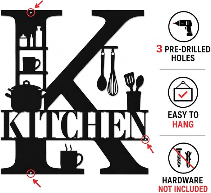 Kitchen Metal Wall Decor, Farmhouse Kitchen Sign, 14 Inch | 14-inch matte black metal kitchen sign with pre-drilled holes for farmhouse, modern, rustic, or industrial wall decor. - Image 6