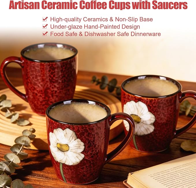 12oz Coffee Mugs Set of 4, Hand-Painted Floral Stoneware Cups with Handle, Dishwasher Microwave Oven Safe, Cappuccino Mugs for Latte, Tea, Espresso & Hot Cocoa, for Home Kitchen & Cafe, Red - Image 5