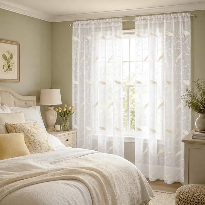 White Rod Pocket Sheer Curtains 96 inches Length, Birds Embroidered Window Curtain Sheer Voile Panels for Living Room & Bedroom, 60x96, Two Panels - Image 3