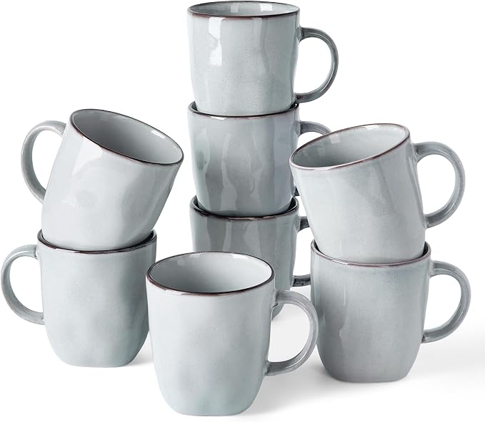 famiware Coffee Mugs Set of 8, Ocean Square 13oz Coffee Cup Set with Handle for Cocoa, Milk, Hot Chocolate, Tea, Water, Stoneware Cups for Kitchen, Microwave and Dishwasher Safe, Grey by Famiware