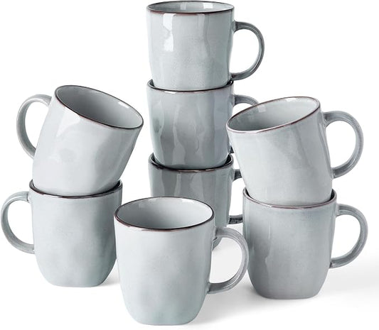 famiware Coffee Mugs Set of 8, Ocean Square 13oz Coffee Cup Set with Handle for Cocoa, Milk, Hot Chocolate, Tea, Water, Stoneware Cups for Kitchen, Microwave and Dishwasher Safe, Grey by Famiware