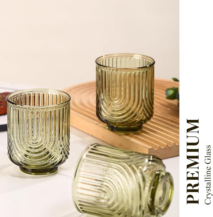 Green Vintage Drinking Glasses Set of 6-15oz Hand-Blown Highball Ribbed Glassware, Arch Design Cocktail Glasses for Whiskey Water Beverages Ice Coffee Juice Milk - Image 5