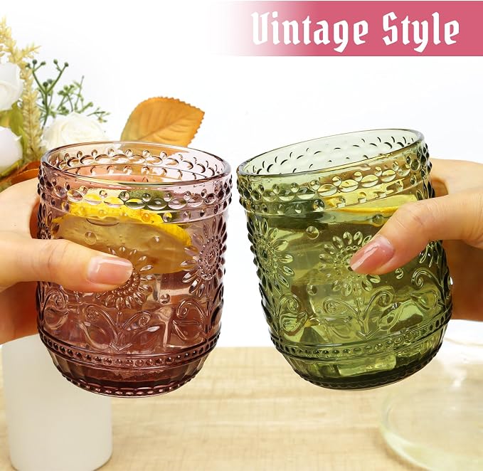 Topsky Vintage Drinking Glass Set of 4,12 oz Embossed Floral Drinkware Set,Colorful Drinking Glasses Cups Wine Glasses Colored Glassware for Whisky,Beer,Juice,Cocktail,Heavy Duty - Image 3