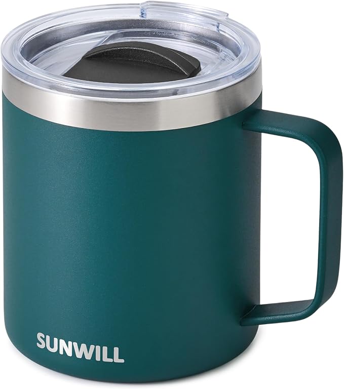 SUNWILL Travel Coffee Mug with Lid, Insulated Cup with Handle, 14 oz Stainless Steel Tumbler for Camping, Office, Outdoor, Powder Coated Dark Green by SUNWILL