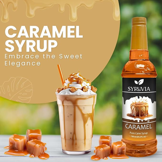 Syruvia Caramel Coffee Syrup – 25.4 fl oz – Syrup for Coffee, Lattes, Shakes, Smoothies, Desserts – 100% Vegan, Gluten Free, Kosher, Delicious Coffee Syrup, (Pack of 3)
