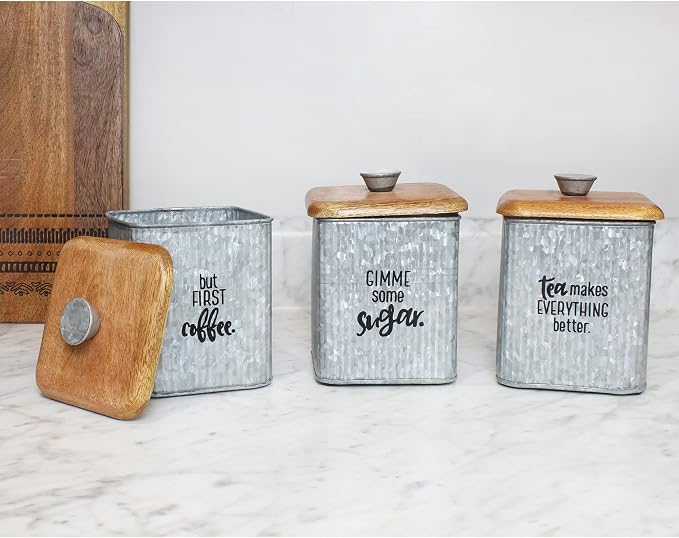AuldHome Design Farmhouse Galvanized Canisters (Set of 3); Storage Containers for Coffee, Tea and Sugar in Galvanized Iron and Wood Design - Image 4