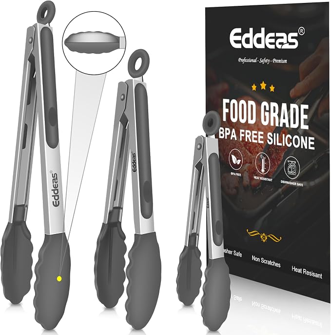 Kitchen Tongs Up To 600°F Silicone Tongs for Cooking 7,9,12 in Grey | Heat Resistant 600 Degrees,Heavy Duty Stainless Steel Locking Tong for Cooking with Silicone Tips Non-Stick Grey by Eddeas