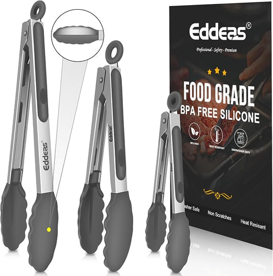 Kitchen Tongs Up To 600°F Silicone Tongs for Cooking 7,9,12 in Grey | Heat Resistant 600 Degrees,Heavy Duty Stainless Steel Locking Tong for Cooking with Silicone Tips Non-Stick Grey by Eddeas