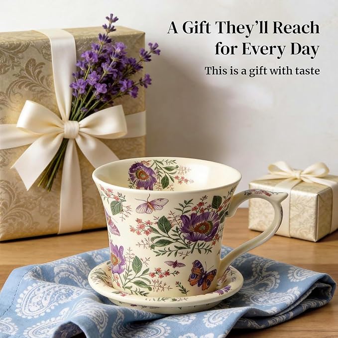 DOWAN 14 OZ Tea Cup & Saucer Set, Floral Mug with Lid, Ceramic Cappuccino/Latte Mug for Women, One Set - Image 7