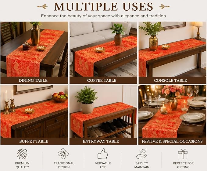 Indian Handmade Peacock Design Table Runner 60 x 16 Inch | Traditional Orange Decorative Table Linen for Dining Table, Console Table, Coffee Table & Home Décor - Image 3