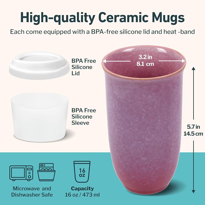 NOVA CERAMICS Coffee Travel Mug – Cup Holder Friendly Travel Mug– Microwave & Dishwasher Safe White & Purple Tumbler - Coffee Mug Fits In Cup Holder – 16oz – Astral Bloom - Image 3