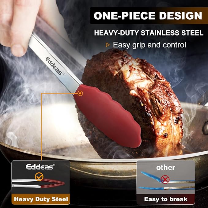 Tongs For Cooking - Silicone Metal Kitchen Tong 7" 9" & 12" Red | 600°F Heat Resistant Silicone Tong, All Metal handle Locking Tongs with Silicone Tips, Heavy Duty Stainless steel - Image 2
