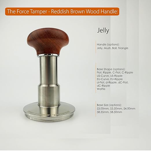 The Force Tamper Automatic Impact Adjustable Constant Pressure and Autoleveling Coffee Tamper Reddish Brown Jellyfish Wooden Handle Set Pro (C-Ripple Distribute Set, 58.35mm)