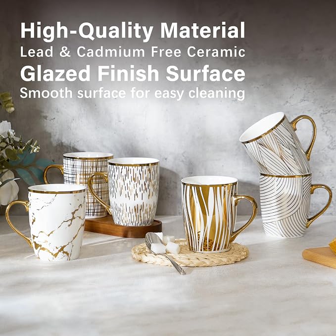 ONEMORE Coffee Mugs 18oz - Gold-Plated Ceramic Mugs for Latte, Hot Tea, Cappuccino, Mocha, Cocoa - Luxury Gold Trim Mug Set of 6, White & Gold, Multicolored - Image 6