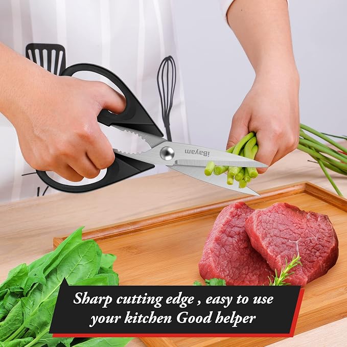 iBayam 8.7" All Purpose Kitchen Shears Heavy Duty with Protective Sheath | Built-In Bottle Opener, Durable Stainless Steel Scissors, Dishwasher Safe, Soft Grip Comfort Handle, Cooking, Food, Packaging - Image 6