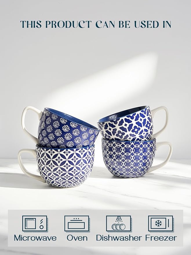 DOWAN Coffee Mugs Set of 4, 24 oz Large Coffee Mugs, Jumbo Soup Mugs With Handles, Ceramic Coffee Cups for Coffee Cereal Latte for Men Women, Housewarming Wedding Gift, Vintage Blue - Image 5