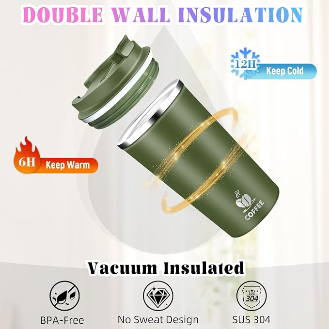 17oz Insulated Travel Coffee Mug with Flip Lid – Leakproof Stainless Steel Insulated Coffee Tumblers, Reuable Coffee Cup for Hot & Cold Drinks, Perfect for Camping & On-the-Go - Image 5
