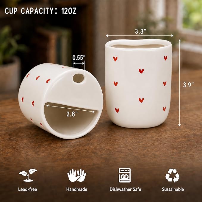 To Go Ceramic Coffee Cups with Lids, Romantic Red Hearts Ceramic Traval Mug with Sip Hole, 12oz Ceramic Sip Cups Pottery Travel Mug, Gifts For Him Her - Image 5