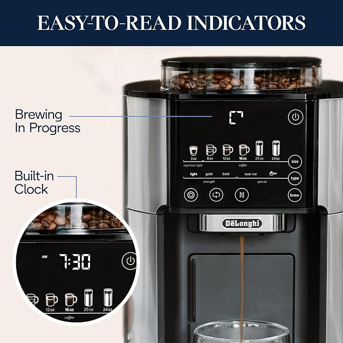De'Longhi TrueBrew Drip Coffee Maker, Grinder, 8 to 24 oz, Built-In Grinder | #1 Worldwide Espresso Machine Maker, Built-in Grinder, 5 Brew Styles, 6 Brew Sizes, One-Touch Simplicity - Image 5