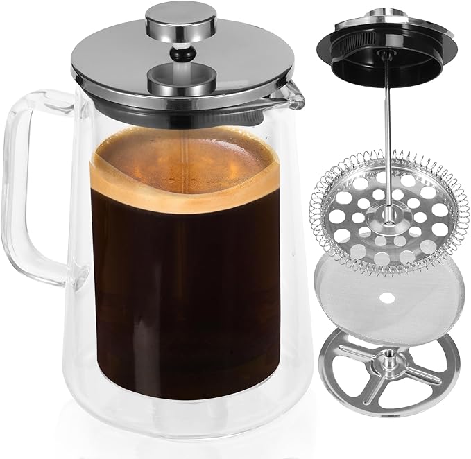 350/650/1000ml French Press Coffee Maker, Double Wall Glass French Press, Clear French Press Tea Maker, Multifunctional Coffee Press Coffee Maker for Home Office (650ML)