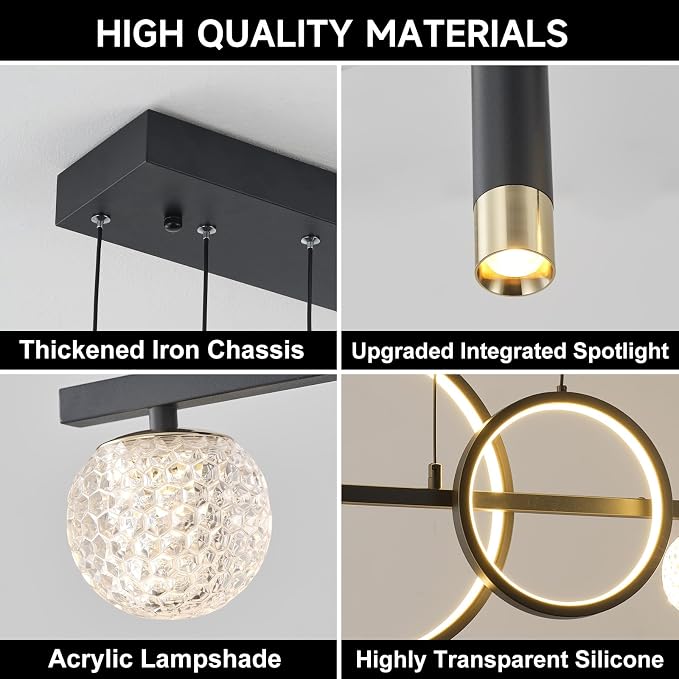 ORANOOR Modern LED Pendant Lights, Dimmable 47inch Linear LED Chandelier | Upgraded Black & Gold Dining Room Hanging Light Fixtures Kitchen Island Globe Pendant Lighting for Dining Table (4200lm) - Image 4