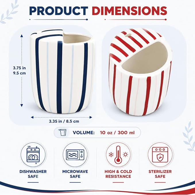 2 Pcs Ceramic Mug with Sip Hole 10 oz Deep Blue Red Striped Ceramic Coffee Mug Hand Painted Travel Mugs Heat Resistant Non Slip Built in One Lid Mugs for Coffee Lovers Appreciation Gift - Image 2