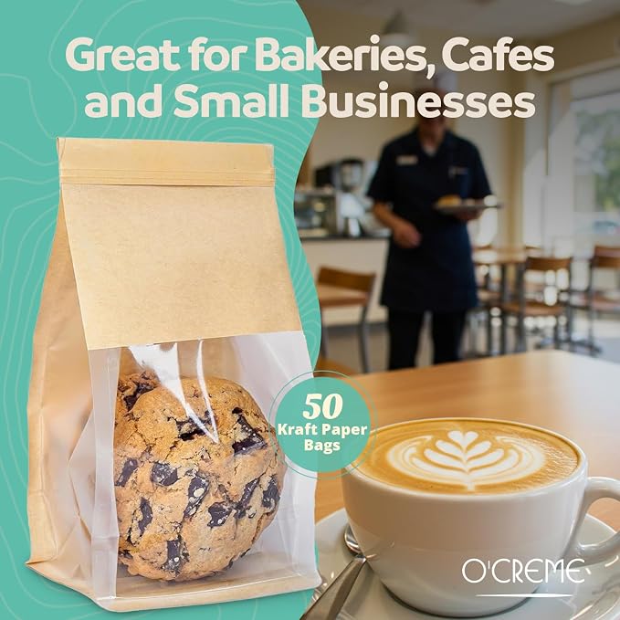 O’Creme 50 Pcs. Small Bakery Bags with Window, Cookie Bags Brown Paper Bag with Resealable Tin Tie Tab for Cookies, Treats, Baked Goods, Muffins, Pastries, Granola, Coffee Beans (11”x5”x4”) - Image 9