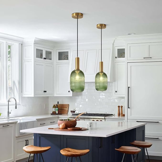 KCO 5.1” Mini Vintage Ribbed Glass Pendant Light Brass Gold Hanging Light | E26 Bulb Hardwired, Adjustable Cord Mid Century Modern Ceiling Lamp for Sloped Ceiling Kitchen Island Dining Room Bar Bedroom - Image 4