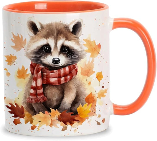 Hyturtle Fall Raccoon Mug, Autumn Birthday Gifts For Raccoon Lovers | Autumn Thanksgiving Decor, Raccoon Gifts For Women, Durable 11oz ceramic mug, Vivid double-sided print, Comfort grip handle by Hyturtle
