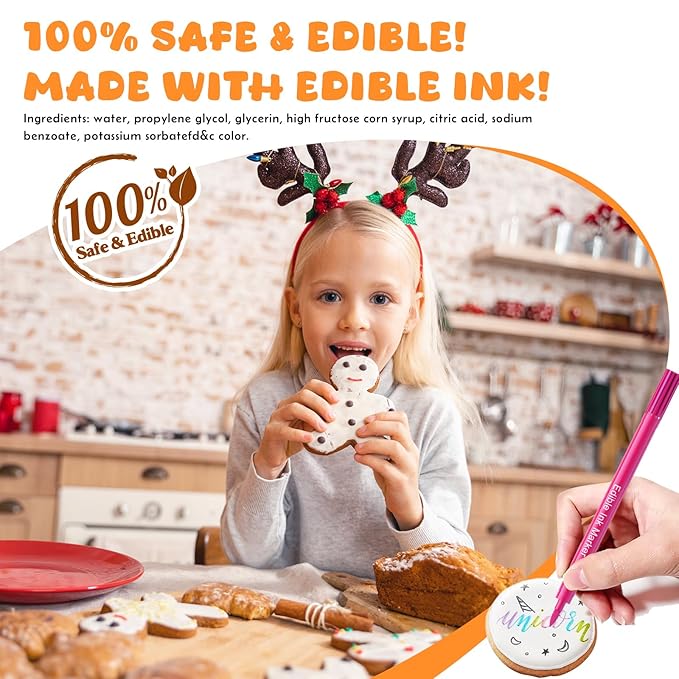 Jewem Edible Markers for Cookie Decorating,14 Pcs Food Coloring Pens, Double Side Food Grade Pens with Fine & Thick Tip for Decorating Fondant, Cakes, Cookies, Easter Eggs, Frosting, Macaron, Halloween, Christmas