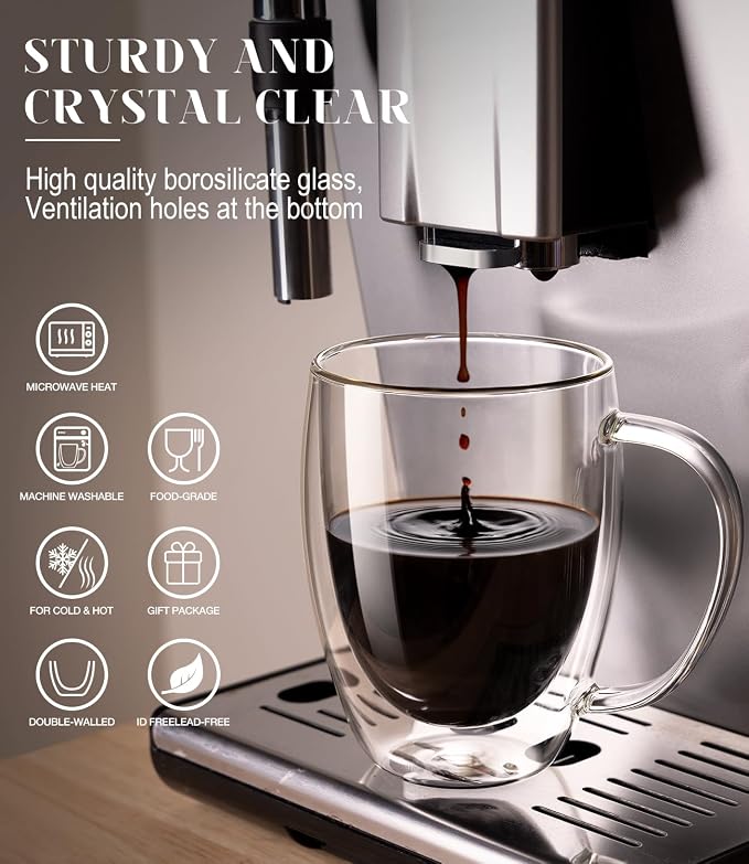 Double Walled Glass Coffee Mugs, 12.5OZ Cups Set of 4 for Latte Cappuccino | Clear Glass Coffee Cups with Handle,Perfect for Latte,Cappuccino, Espresso, American,Tea Bag - Image 6